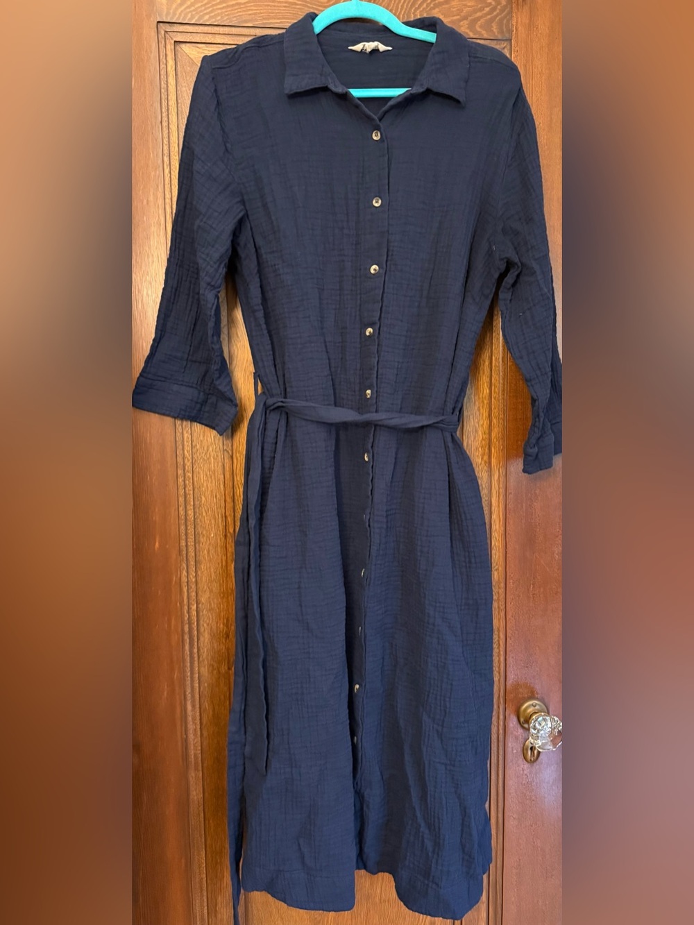 Seasalt Cornwall Organic Cotton Navy Button-Front Shirt Dress with Waist Tie